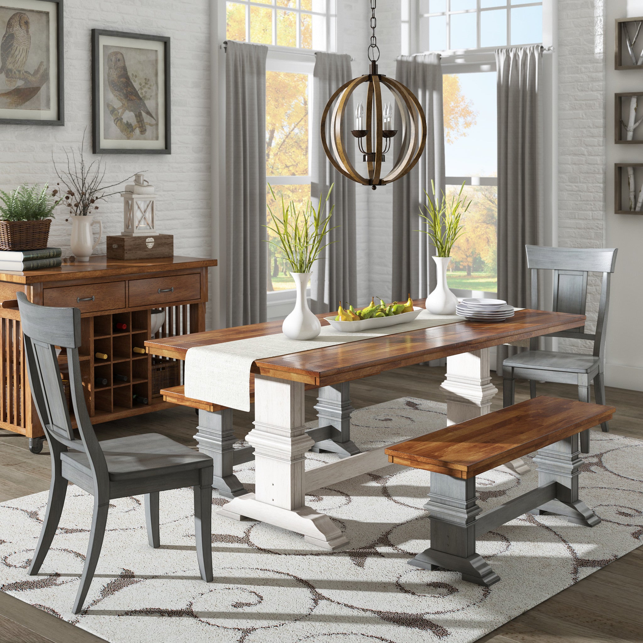 TwoTone Rectangular Solid Wood Top Dining Table Oak Top with Antique