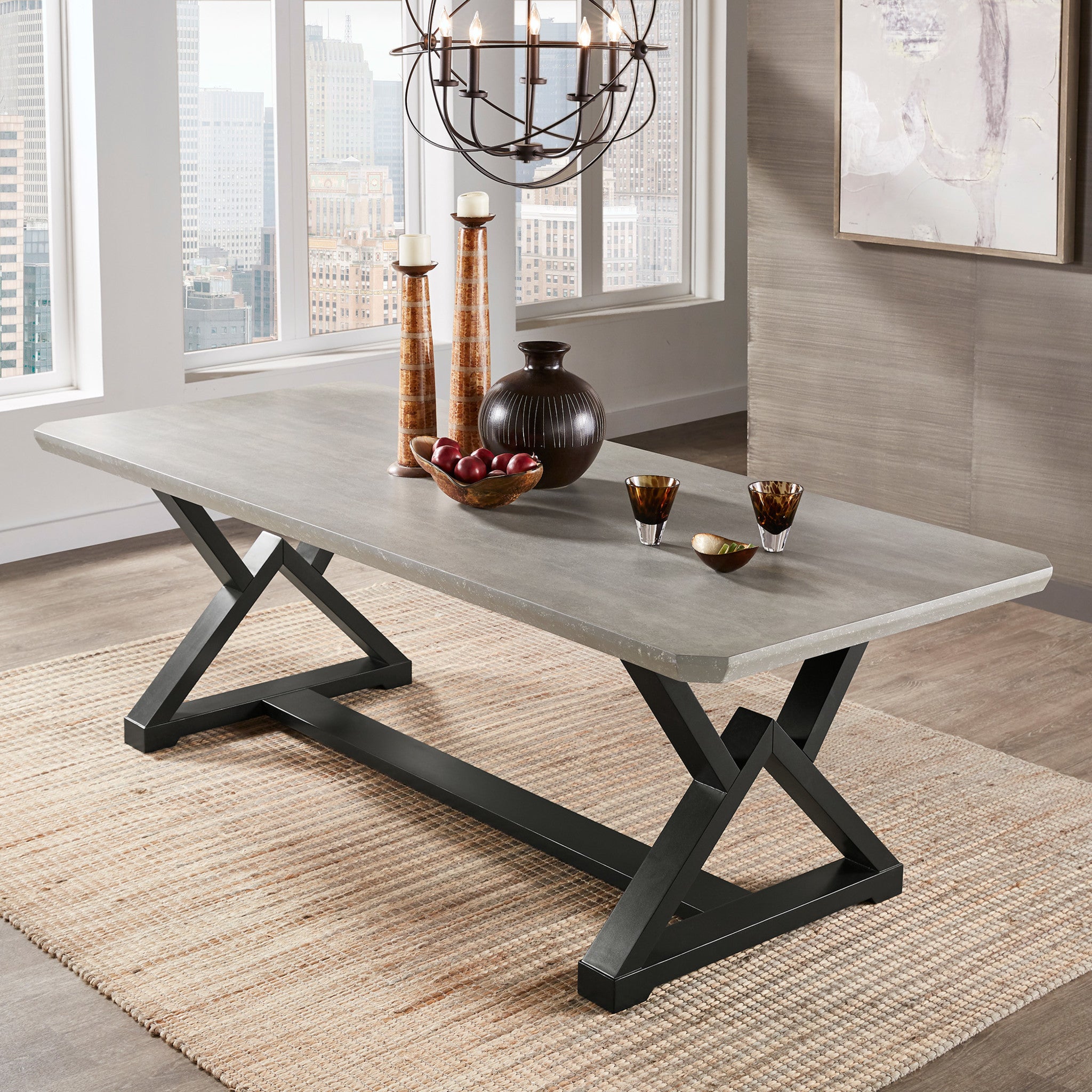 92" Black Finish Light Grey Fiber Cement Top Dining Table TopLine