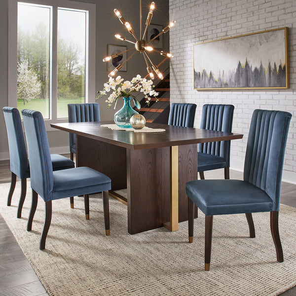 Espresso Wood Velvet Upholstered Dining Set - 7-Piece Set, Blue Velvet Chairs