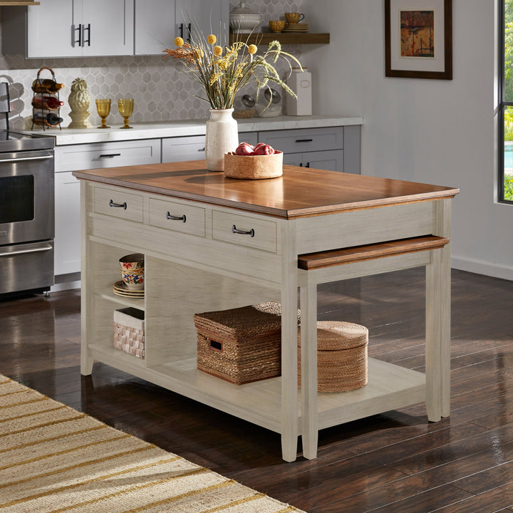 Two-Tone Antique Finish Extendable Kitchen Island with 3 Drawers - Oak Finish Top with Antique White Base
