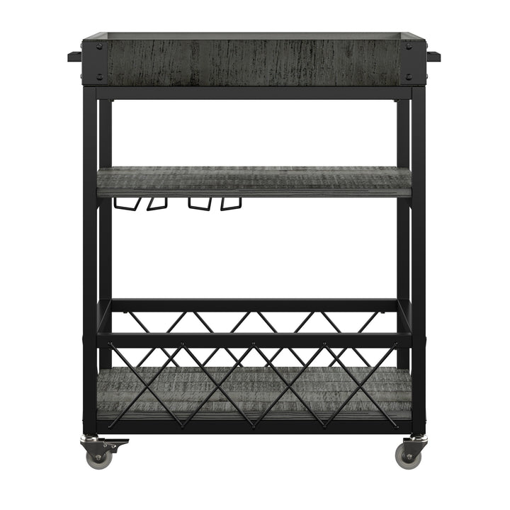 Rustic Serving Cart with Wine Inserts and Removable Tray Top - Grey Finish