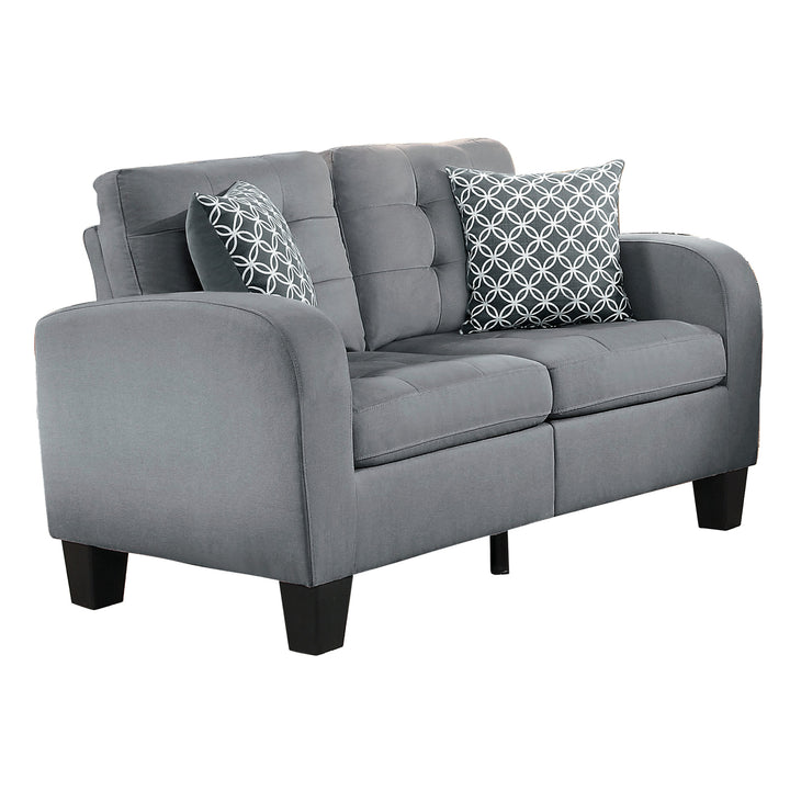 Black Finish Grey Fabric Loveseat With 2 Pillows