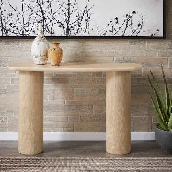 Contemporary Oak-Finished Table with Sturdy Column Base - Coffee Table