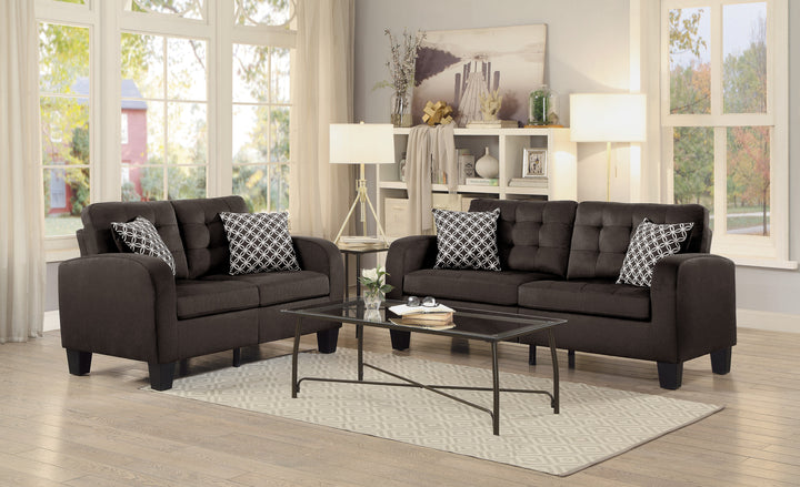Black Finish Chocolate Fabric Loveseat With 2 Pillows