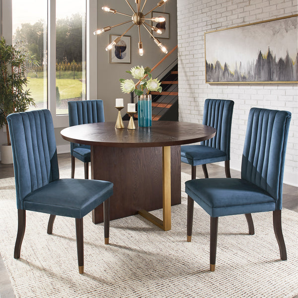 Espresso Wood Velvet Upholstered Dining Set - 5-Piece Set, Blue Velvet Chairs