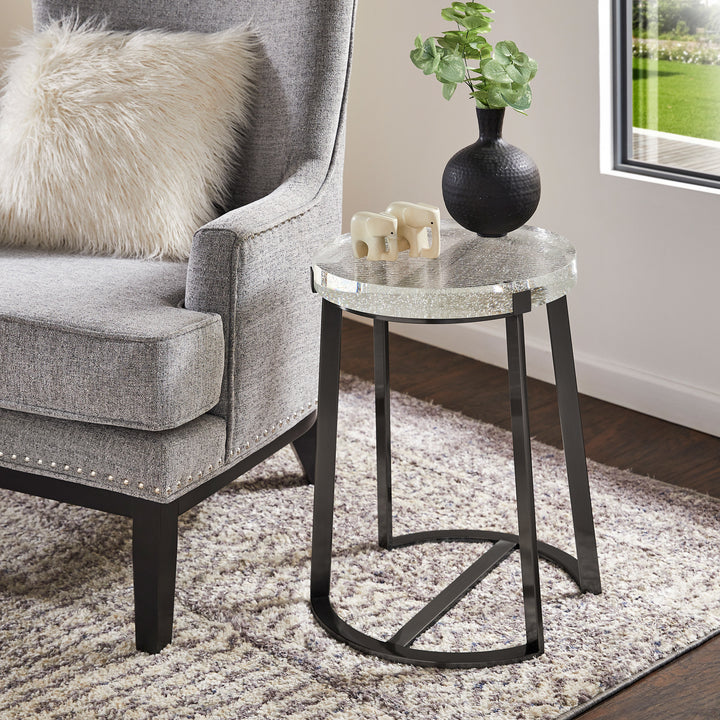 Stainless Steel Glass Top Table - Iron Grey Finish, Round End Table