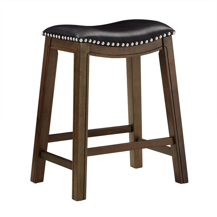 Brown Finish Black Pu 24" Counter Height Stool - Black Faux Leather, Counter Height - Black Faux Leather, Counter Height