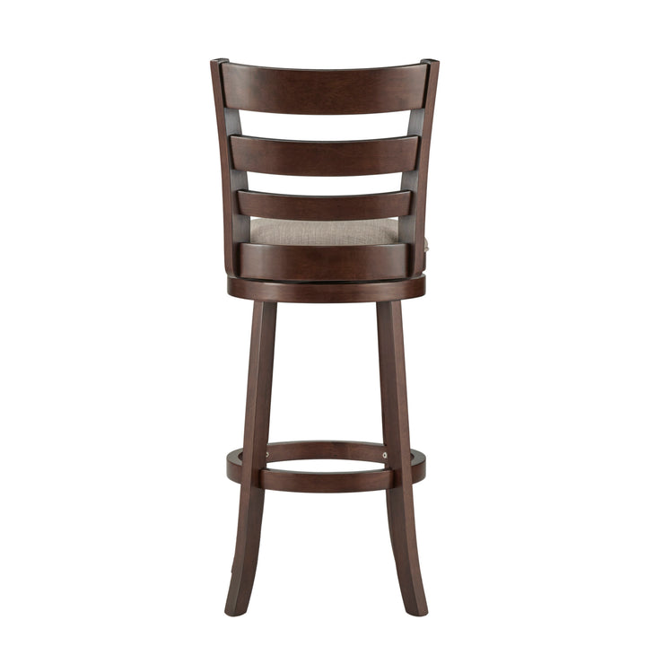 Ladder Back 29"H Swivel Bar Stool - Dark Cherry Finish, Gray Linen