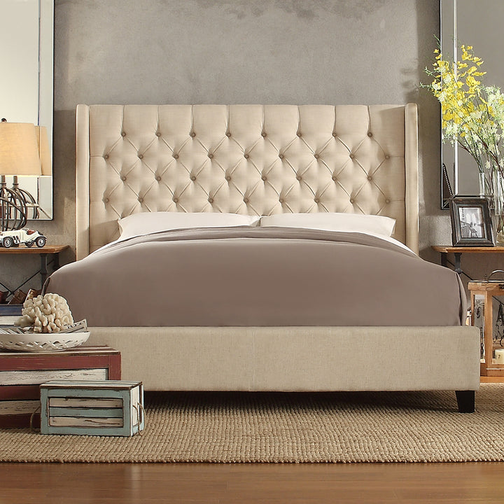 Wingback Button Tufted Bed - Beige Linen, King