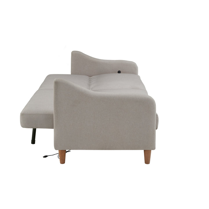 Upholstered Linen Convertible Split-Back Futon Sofa Bed with USB Charging Ports - Light Gray
