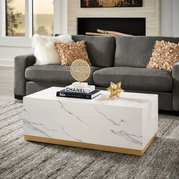 Faux Marble Coffee Table with Casters - White, Large Rectangular