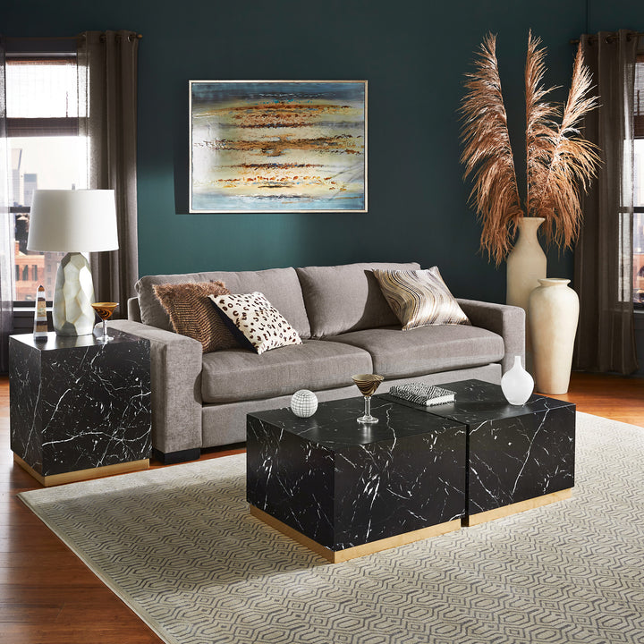Faux Marble Table with Casters - Black, Square, One End and Two Coffee Tables Set