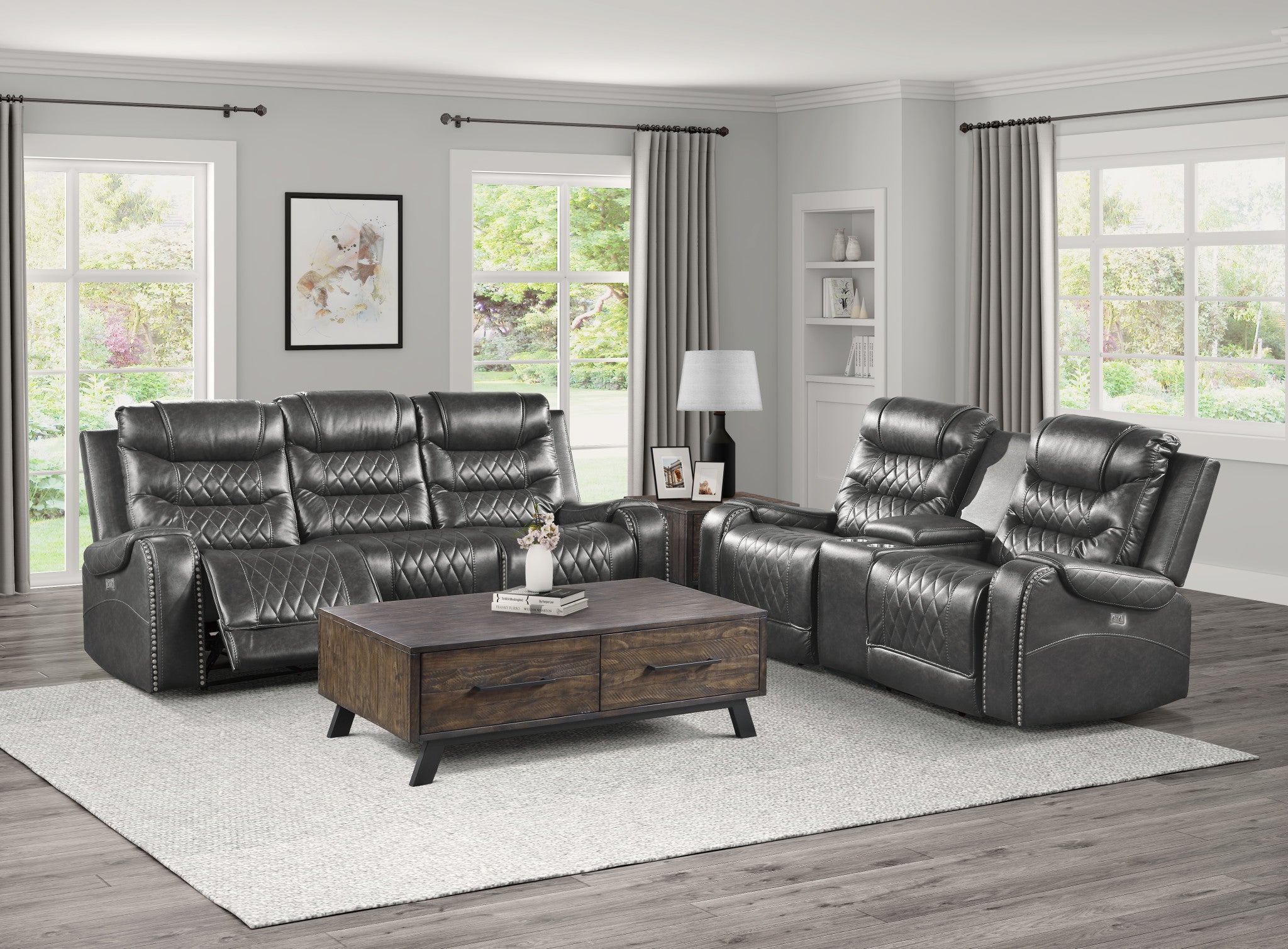 Power Double Reclining Loveseat with Center Console, Receptacles And