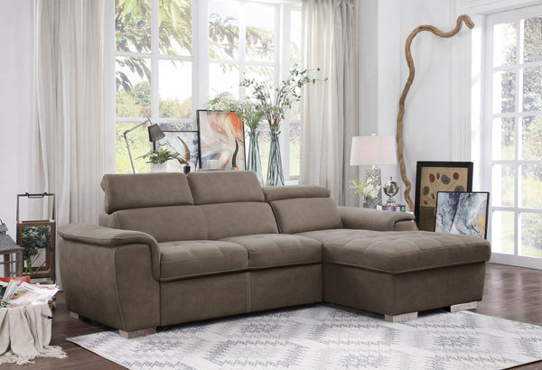 2-Piece Sectional with Adjustable Headrests, Pull-out Bed and Right Chaise with Hidden Storage
