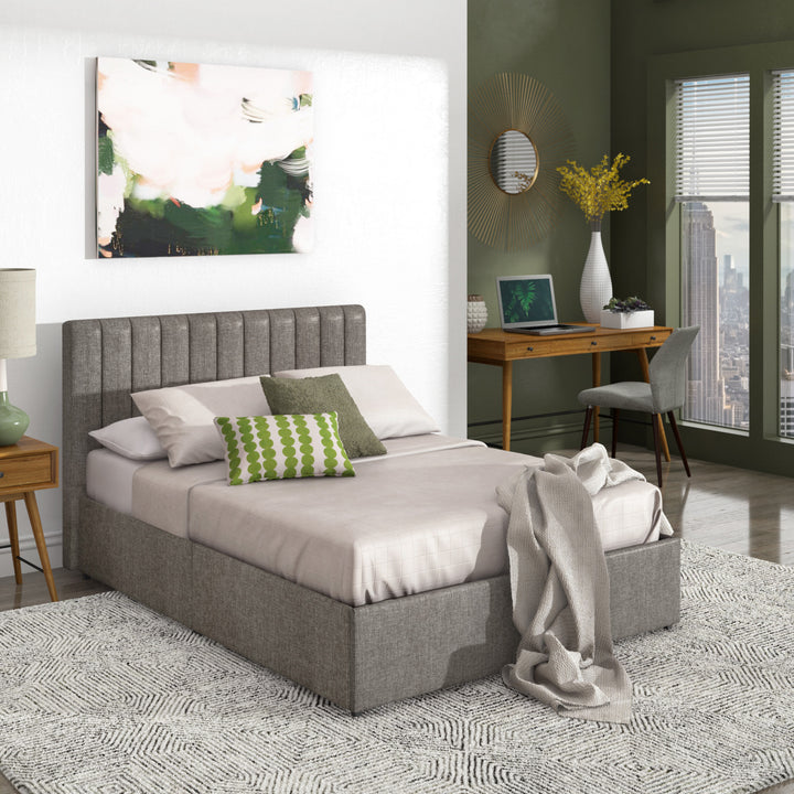 Grey Linen Upholstered Storage Platform Bed with Channel Headboard - Full (Full Size)