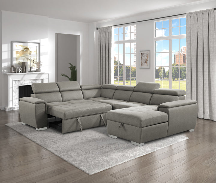 4-Piece Sectional with Adjustable Headrests, Pull-out Bed and Right Chaise with Hidden Storage