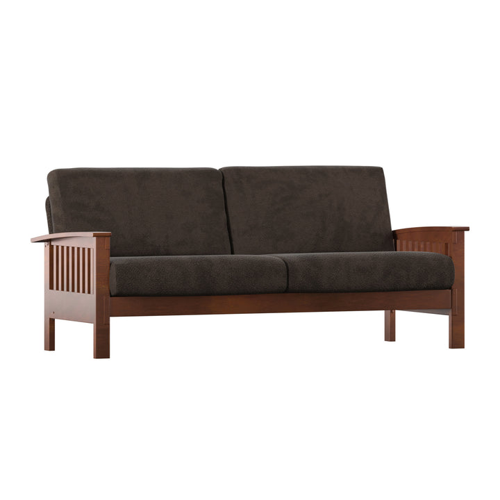 Mission-Style Wood Sofa - Dark Brown Fabric, Oak Finish