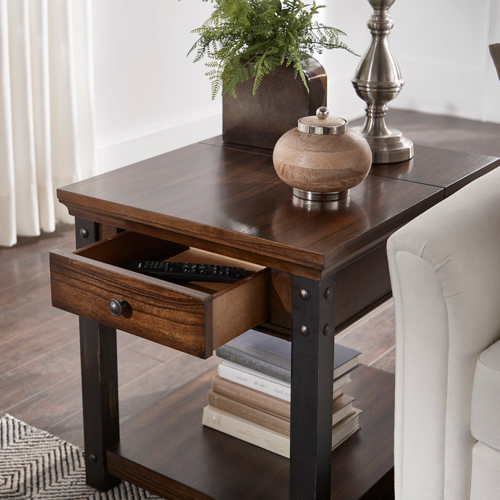 Wood Finish End Table with Built-In Outlets - Dark Cherry Finish