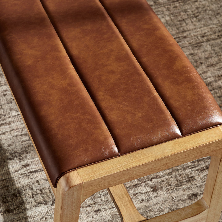 Modern Scandinavian Light Oak Finish Bench - Caramel Faux Leather Cushion