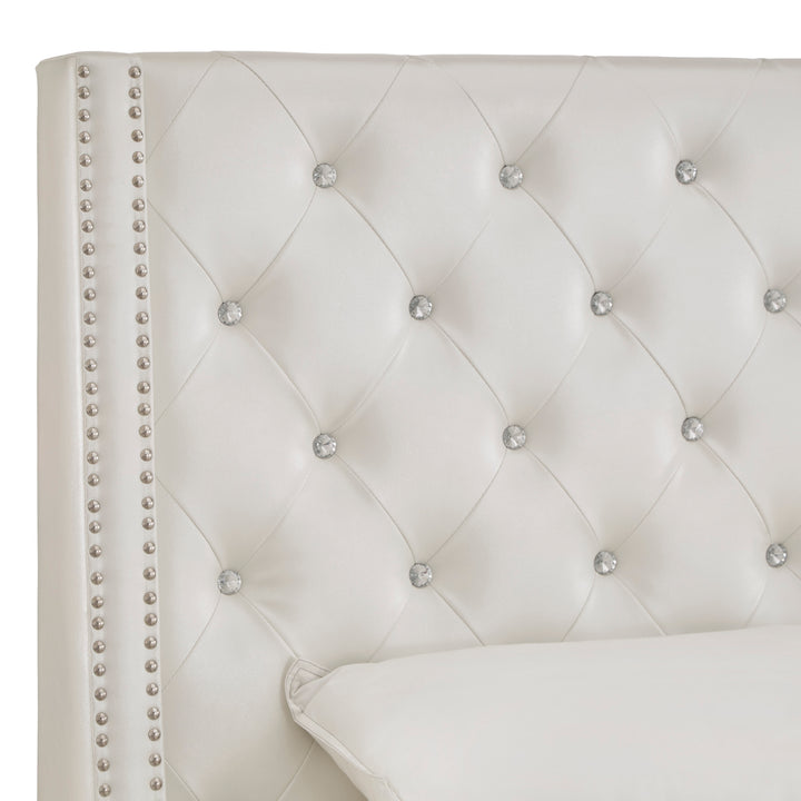 Faux Leather Crystal Tufted Headboard - Ivory White, Queen