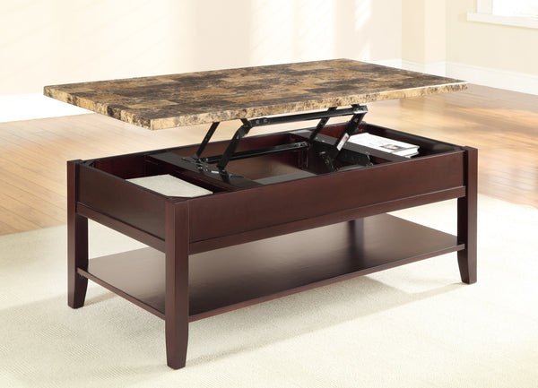Orton Rich Cherry Finish Faux Marble Top Cocktail Table with Lift Top