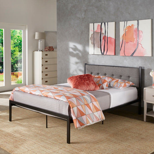 Metal Platform Bed with Tufted Linen Headboard - Full