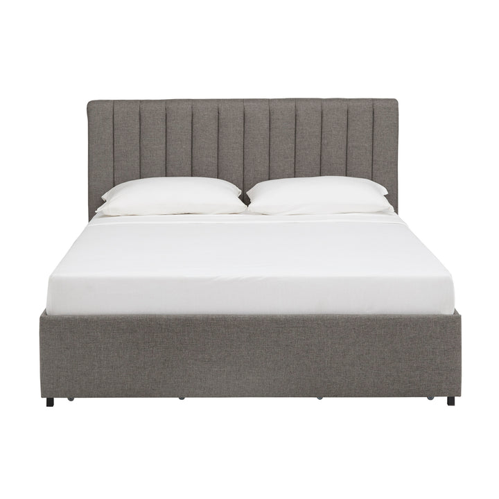 Grey Linen Upholstered Storage Platform Bed with Channel Headboard - Gray Linen, Queen