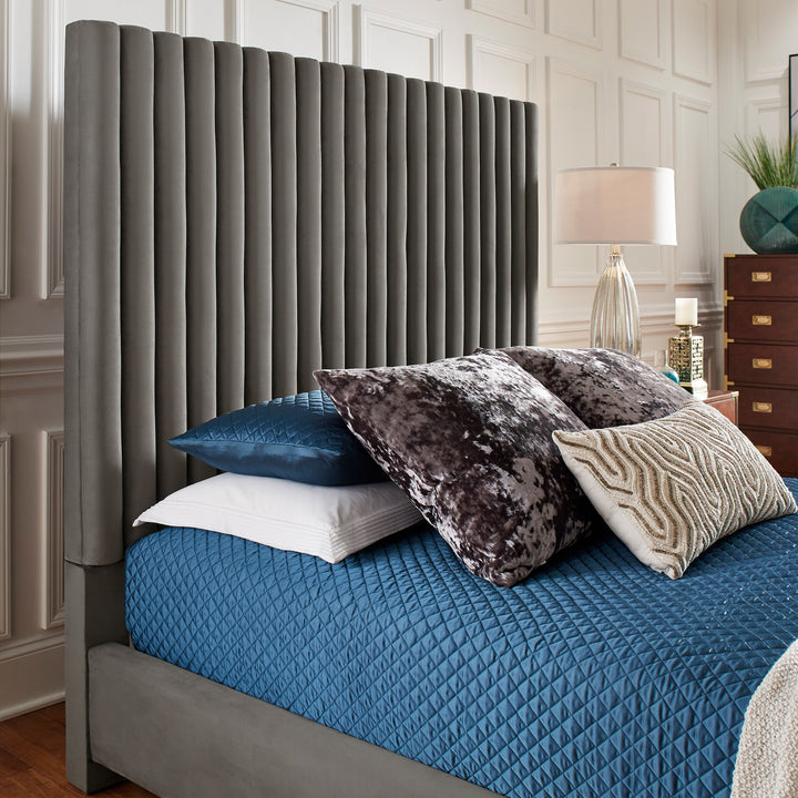 Tufted Solid Wood and Upholstered Platform Bed - Grey Velvet, Queen