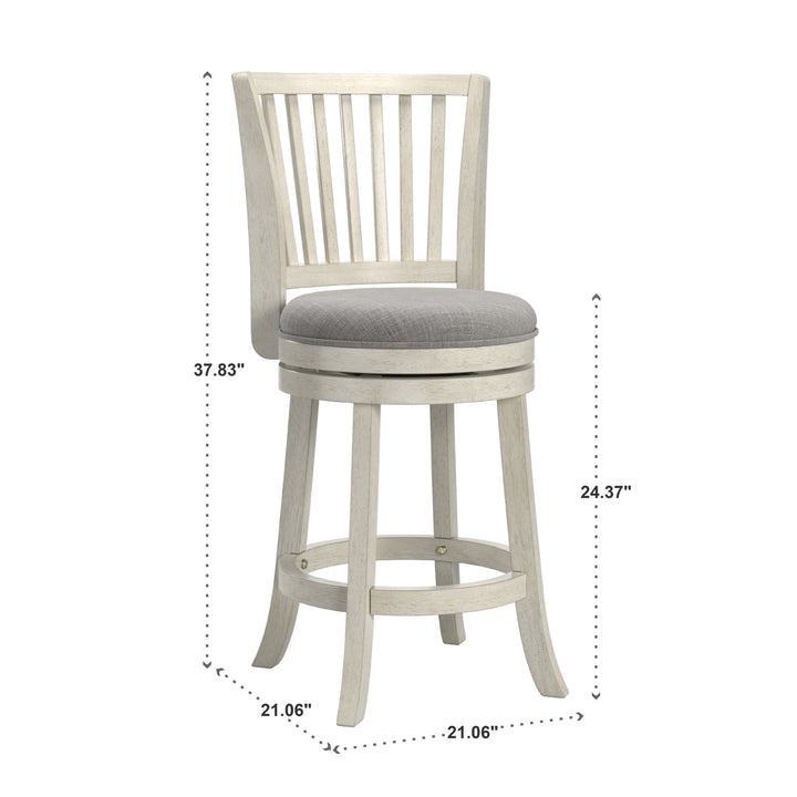 Slat Back Swivel Chair - 24" Counter Height, Antique White Finish, Grey Linen