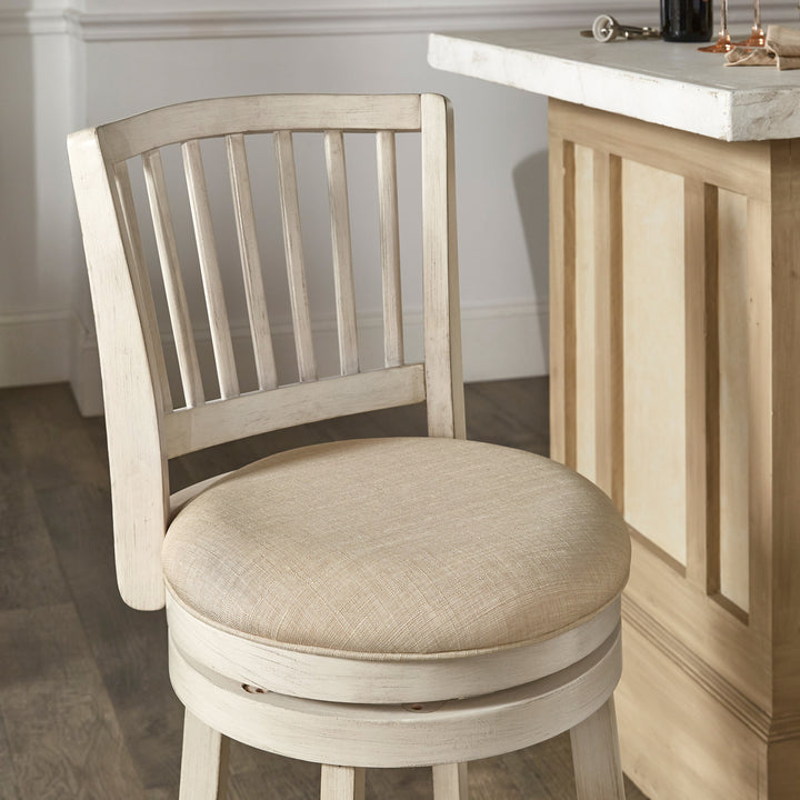 Slat Back Swivel Chair - 24" Counter Height, Antique White Finish, Beige Linen