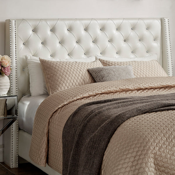 Faux Leather Crystal Tufted Headboard - Ivory White, Queen