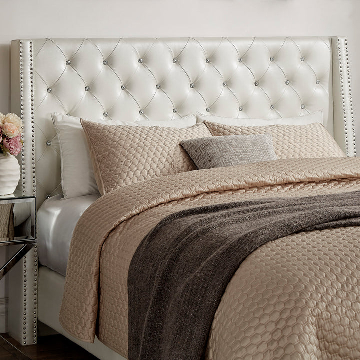 Faux Leather Crystal Tufted Headboard - Ivory White, Queen