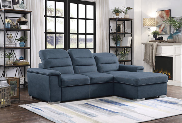 2-Piece Sectional with Adjustable Headrests, Pull-out Bed and Right Chaise with Hidden Storage