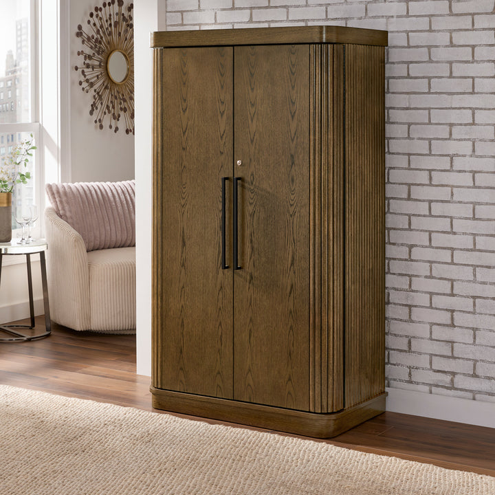 Bar Wine Storage Cabinet with Keys and LED Lights - Walnut Finish