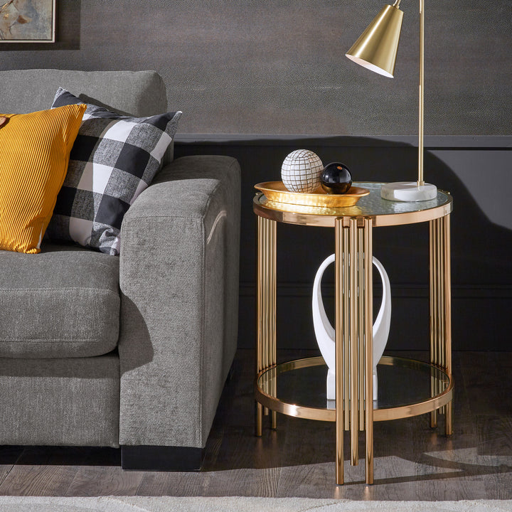 Champagne Gold Finish Textured Glass Table with Shelf - End Table