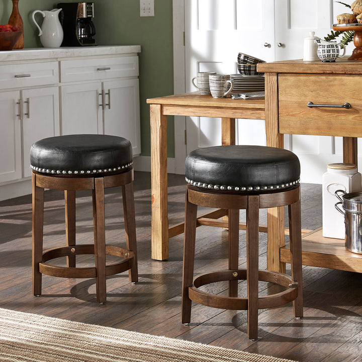 Set Of 2, Brown Finish Black Pu 24" Swivel Counter Height Stool - Black Faux Leather, Counter Height - Black Faux Leather, Counter Height