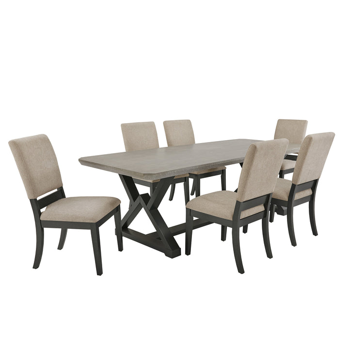 7-piece 92" Black Finish Light Grey Fiber Cement Top Dining Set
