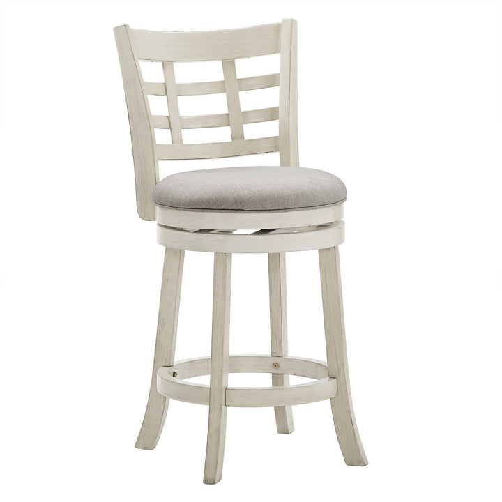 Window Back 24"H Swivel Counter Height Stool - Antique White Finish, Gray Linen