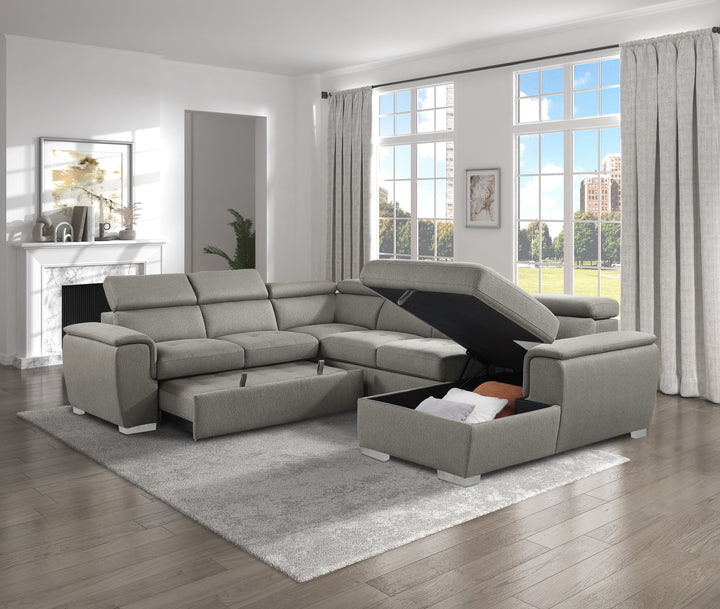 4-Piece Sectional with Adjustable Headrests, Pull-out Bed and Right Chaise with Hidden Storage