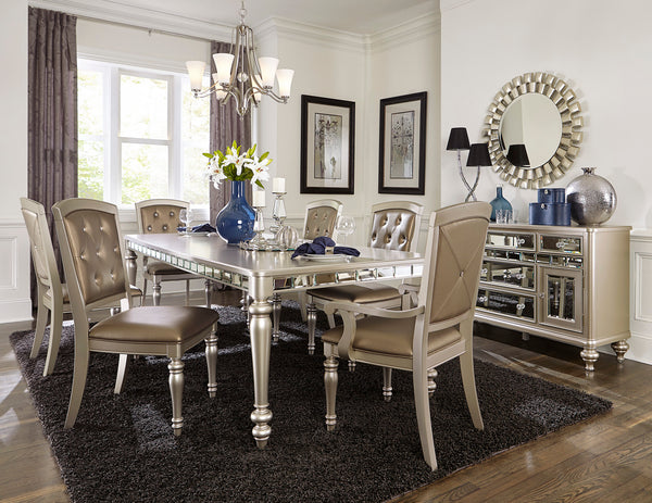 Silver Finish Dining Table 78"-96" with Leaf And Mirror Apron