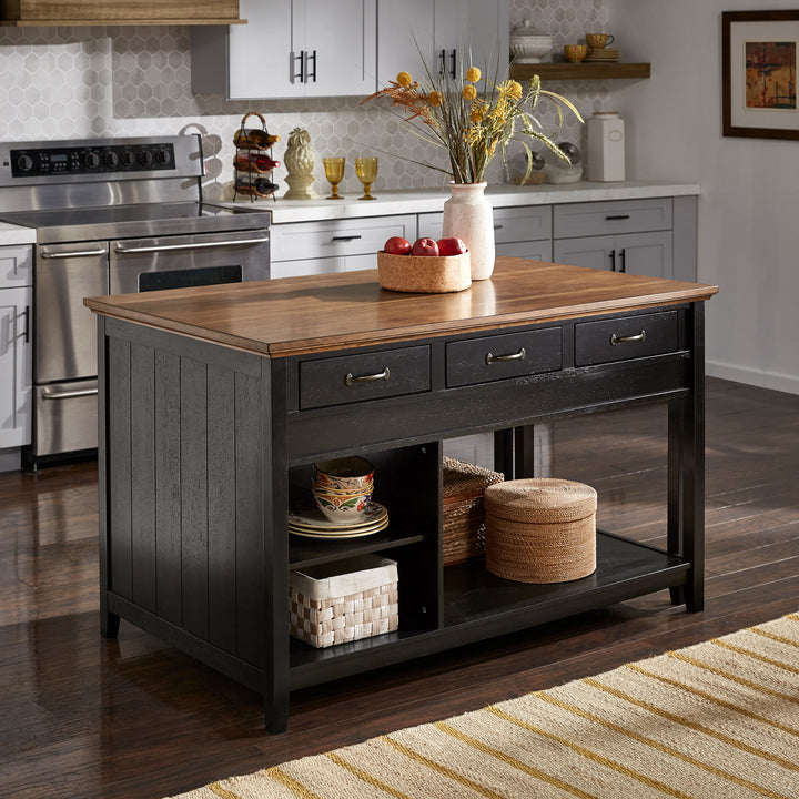Two-Tone Antique Finish Extendable Kitchen Island with 3 Drawers - Oak Finish Top with Antique Black Base