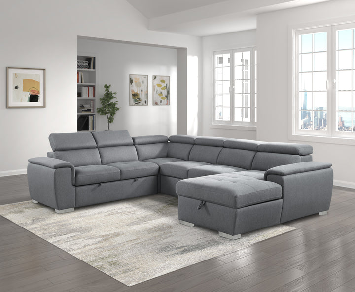 4-Piece Sectional with Adjustable Headrests, Pull-out Bed and Right Chaise with Hidden Storage