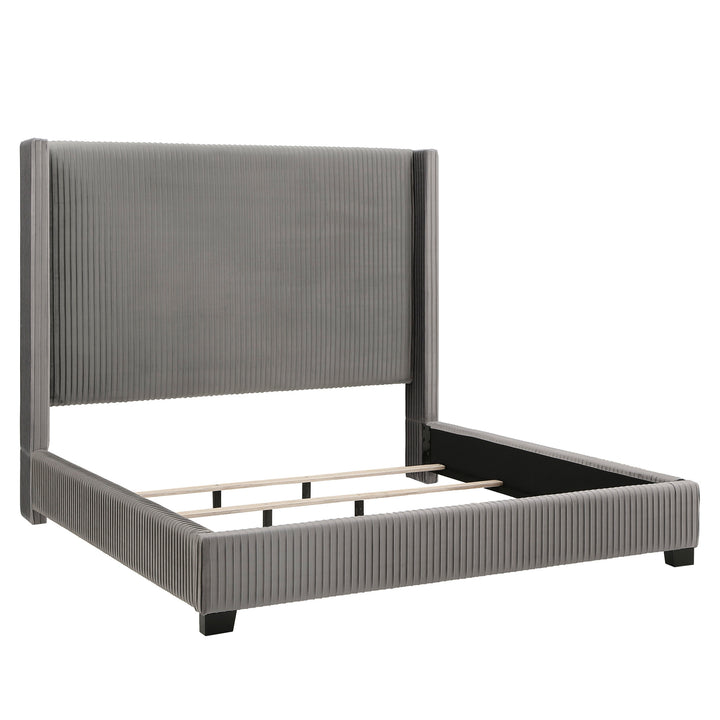Pleated Velvet Wingback Bed - Gray, King