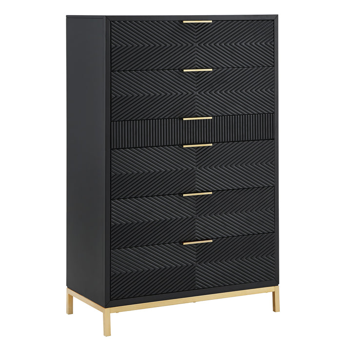 36" Wide 6 - Drawer Chest - Black Finish, Gold Accent