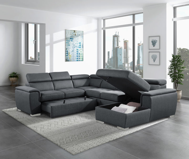 4-Piece Sectional with Adjustable Headrests, Pull-out Bed and Right Chaise with Hidden Storage
