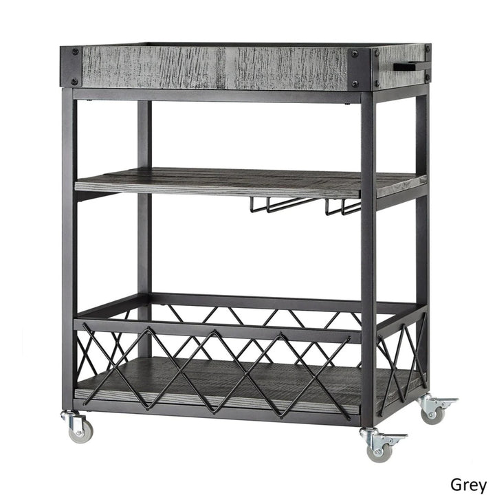 Rustic Serving Cart with Wine Inserts and Removable Tray Top - Grey Finish
