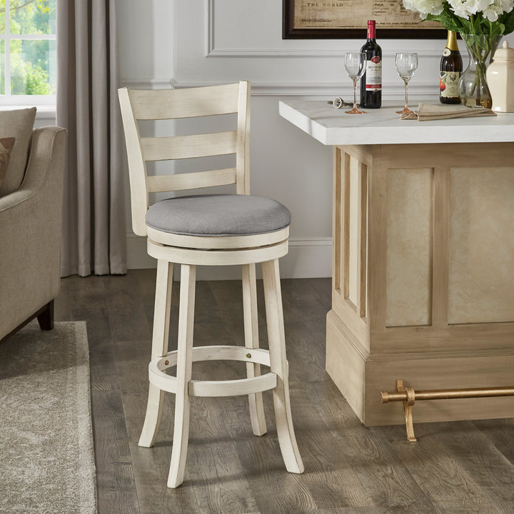 Ladder Back 29"H Swivel Bar Stool - Antique White Finish, Gray Linen