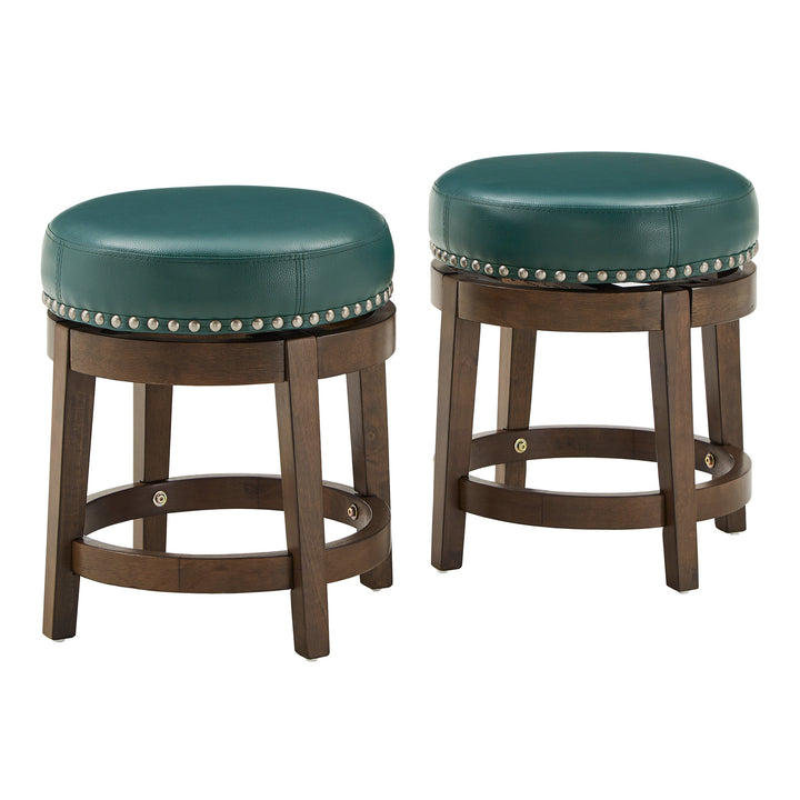 Set Of 2, Brown Finish Green Pu 18" Swivel Stool - Green Faux Leather, Dining Height - Green Faux Leather, Dining Height
