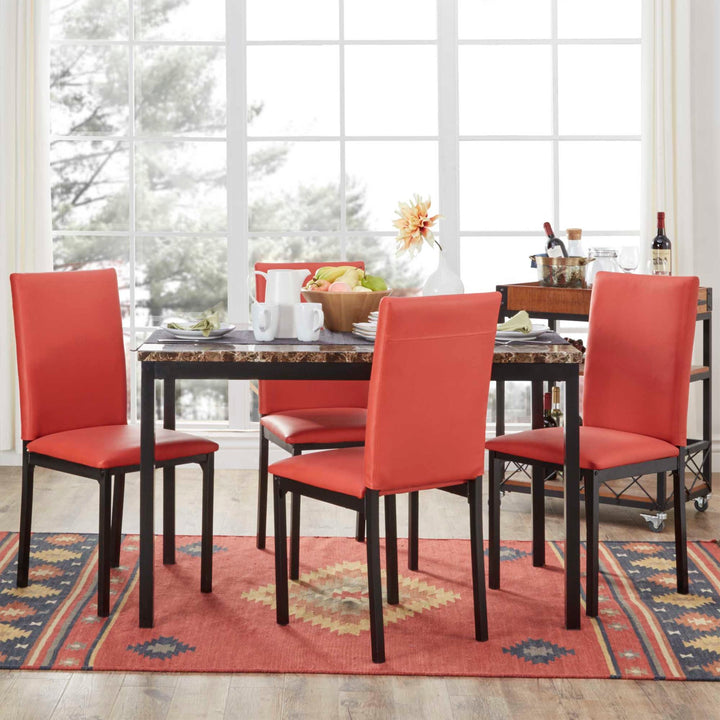 Faux Marble Top 5-Piece Dining Set - Brown Faux Marble, Red Faux Leather