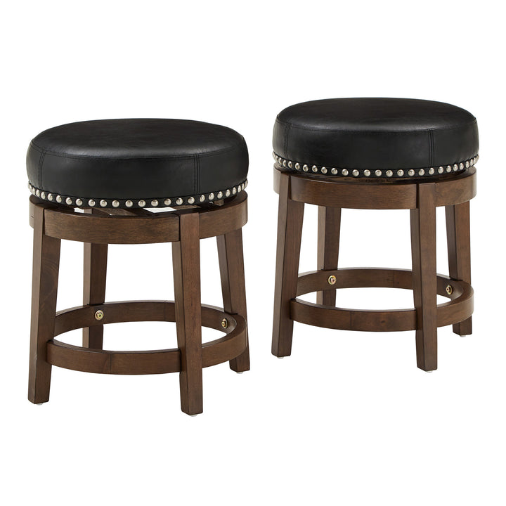 Set Of 2, Brown Finish Black Pu 18" Swivel Stool - Black Faux Leather, Dining Height - Black Faux Leather, Dining Height